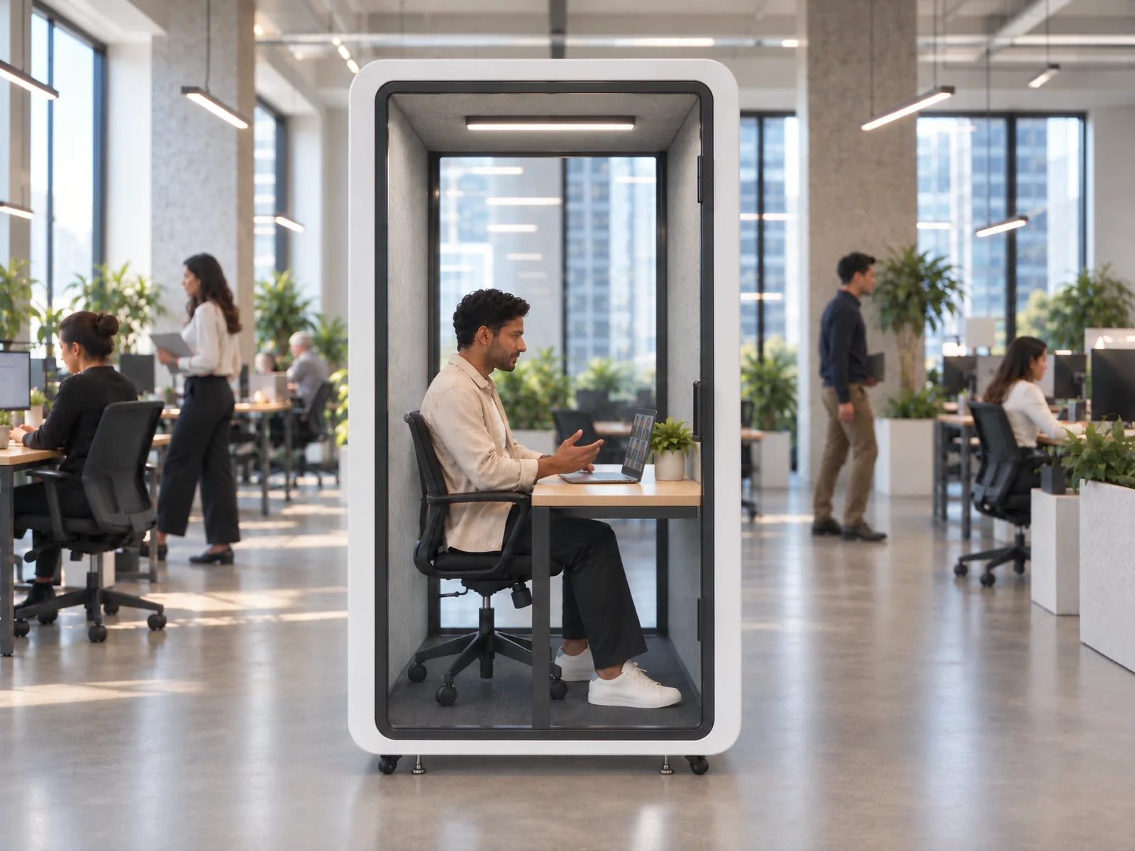 The same person working inside a WorkHenge pod